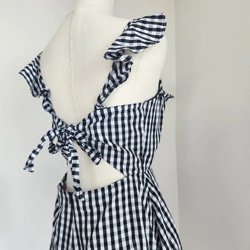 Saks Fifth Avenue Black White Gingham Ruffle Romper Tie Back Cotton Size M - Picture 5 of 6